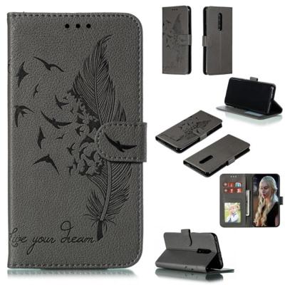 Feather patroon Litchi textuur horizontale Flip lederen draagtas met portemonnee & houder & kaartsleuven voor OnePlus 7 Pro (grijs)