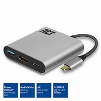 ACT USB-C multiport adapter voor 1 HDMI monitor, 1x USB-A, PD pass-through - thumbnail