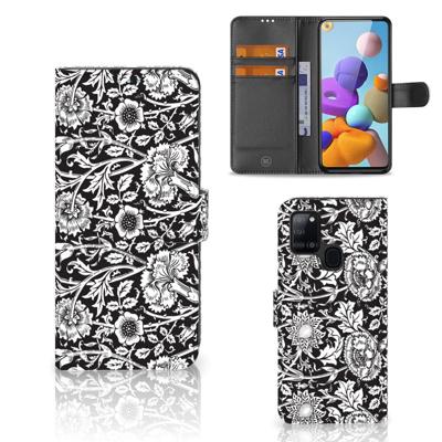 Samsung Galaxy A21s Hoesje Black Flowers Samsung Galaxy A21s Hoesje Black Flowers