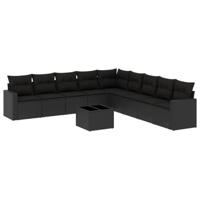 10-delige Loungeset met kussens poly rattan zwart - thumbnail