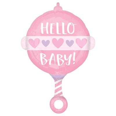 Folieballon Hello Baby Roze Rammelaar