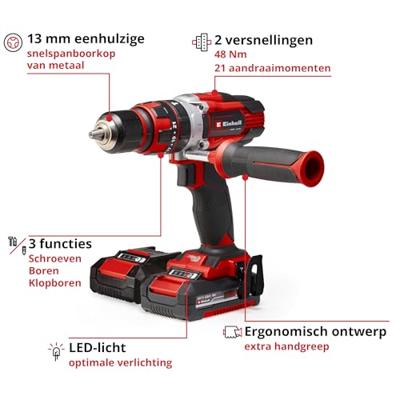 Einhell Power X-Change TE-CD 18/48 Li-i (2x2,0Ah) Accu-klopboor/schroefmachine 2 snelheden Incl. 2 accus, Incl. koffer