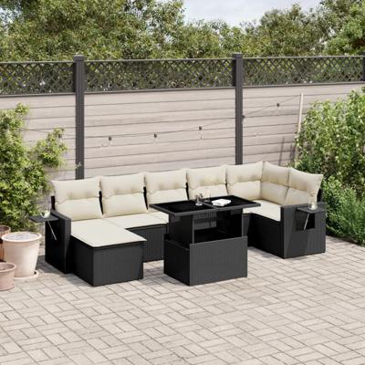 8-delige Loungeset met kussens poly rattan zwart - thumbnail