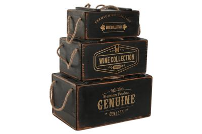 Opslagdozen Home ESPRIT Zwart Sparrenhout 38 x 24 x 20 cm 3 Onderdelen