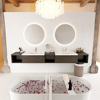 MONDIAZ BUKLA 280cm badmeubel met open module 40 L+M+R kleur Dark Brown met 2 lades. Wastafel CLOUD dubbel 2 kraangaten kleur Talc.