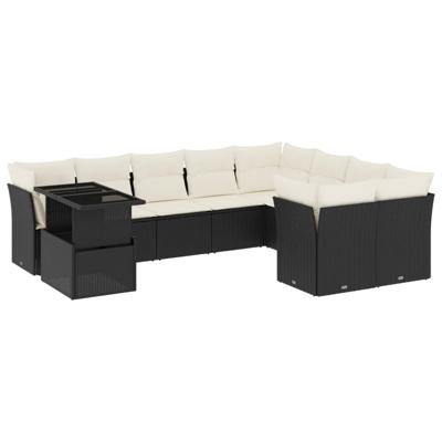 10-delige Loungeset met kussens poly rattan zwart - thumbnail