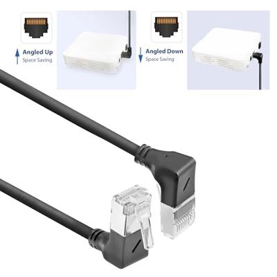 ACT Zwarte 5 meter U/FTP CAT6A LSZH Slimline patchkabel met RJ45 connectoren 90° haaks beneden naar