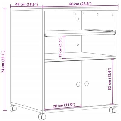 VidaXL Printerkastje met wielen 60x48x74 cm wit