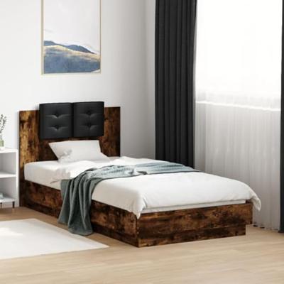 Bedframe met hoofdbord bewerkt hout gerookt eiken 75x190 cm