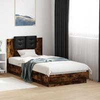 Bedframe met hoofdbord bewerkt hout gerookt eiken 75x190 cm - thumbnail