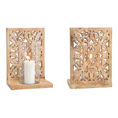 Windlicht bloemendecor, van mangohout, glas naturel (B/H/D) 24x35x17cm