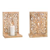 Windlicht bloemendecor, van mangohout, glas naturel (B/H/D) 24x35x17cm - thumbnail