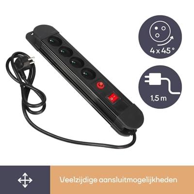 Perel contactdoos met 4 stopcontacten, schakelaar en overspanningsbeveiliging, zwart, voor België