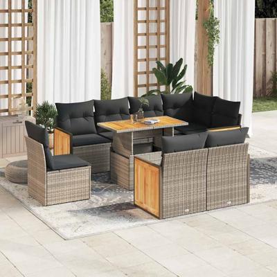 9-delige Loungeset met kussens poly rattan grijs