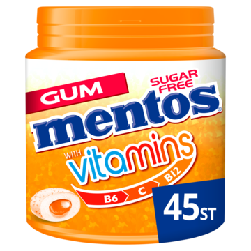 Mentos Gum Vitamins Citrus Blend Suikervrij Pot 45 stuks bij Jumbo Mentos Gum Vitamins Citrus Blend Suikervrij Pot 45 stuks bij Jumbo