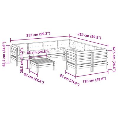 9-delige Loungeset met kussens massief grenenhout wasbruin