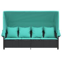 Ligbed met luifel en kussens poly rattan zwart - thumbnail