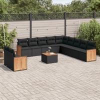 12-delige Loungeset met kussens poly rattan zwart - thumbnail