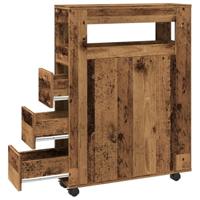 Badkamerkast smal met wielen bewerkt hout oud houtkleurig - thumbnail