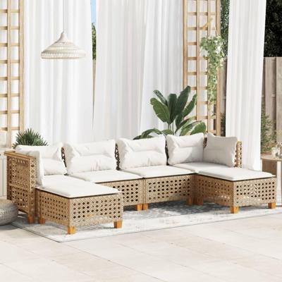6-delige Loungeset met kussens poly rattan beige