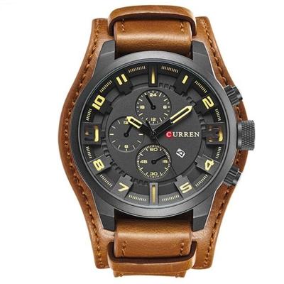 Curren M8225 leger militaire lederen band mannen quartz horloge (zwart geel)