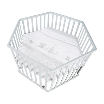 ROBA Hegaxonal Playpen - Gevoerde hoes - Olifantpatroon - 6 geremde wielen - Taupe gelakt hout