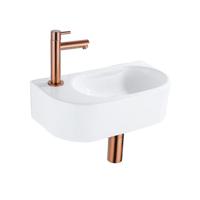 QeramiQ Fuente Fonteinset - 40x21.5x12cm - links - glad - halfrond - 1 kraangat - keramiek - fonteinkraan geborsteld koper - afvoerplug - verlaagd sifon - wit glans SW1209554/SW799405/SW799403/SW970033 - thumbnail