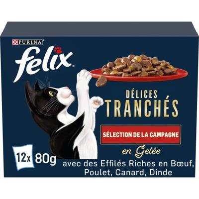 Felix Heerlijke Plakjes Farm Selectie met rund, kip, eend, kalkoen in gelei natvoer kat 12 x 80 g
