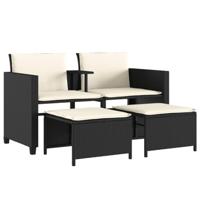 Tuinbank 2-zits met tafel en voetenbanken poly rattan zwart - thumbnail
