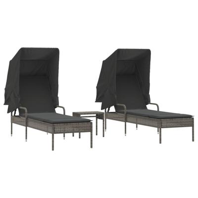 Ligbedden 2 st met luifels en tafel poly rattan grijs - thumbnail