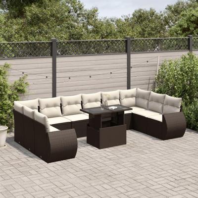 11-delige Loungeset met kussens poly rattan bruin