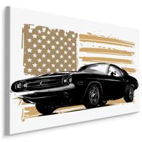 Schilderij - Een Amerikaanse Muscle car tegen een beige Amerikaanse vlag, Premium Print - thumbnail
