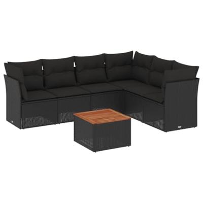 7-delige Loungeset met kussens poly rattan zwart