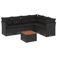 7-delige Loungeset met kussens poly rattan zwart - thumbnail