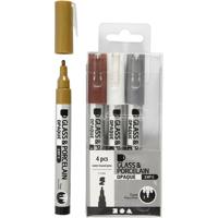 Creativ Company Glas- & porseleinstiften, lijndikte 1-2 mm, semi-dekkend, bruin, goud, zilver, wit, 4 stuk/ 1 doos - thumbnail