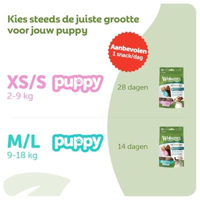 Onze Puppysnacks ondersteunen de orale gezondheid van uw puppy: ze zijn ontworpen om tandplak en tandsteen tegen te gaan. Verkrijgbaar in twee vormen waar uw puppy dol op zal zijn, en in twee maten.