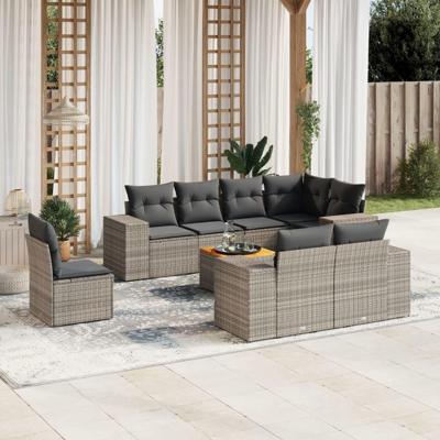9-delige Loungeset met kussens poly rattan grijs