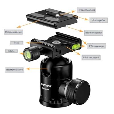 Mantona Onyx 8 kogelkop (M1-3008A) Arca-Swiss compatibele snelwisselplaat 50 mm, professionele verwerking voor DSLR, spiegelloze camera, systeemcamera, digitale camera, camcorder zwart