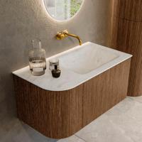 Mondiaz KURVE-DLUX 85 cm Onderkast Greeploos 1 Lade Met Deuren Walnut, Wastafel Solid Surface Rechts Opalo 0 Kraangaten Zonder Spiegel (KRVCLO85L1L1D0KR-Wal/Opa) - thumbnail