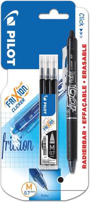 Pilot gelroller Frixion Ball Clicker, blister van 4 stuks (1 gelroller + 3 vullingen), zwart Pilot gelroller Frixion Ball Clicker, blister van 4 stuks (1 gelroller + 3 vullingen), zwart