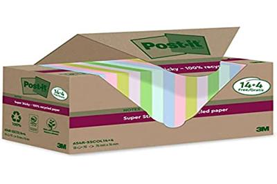 Post-it Super Sticky Notes Recycled, 70 vel, ft 76 x 76 mm, assorti, 14 + 4 GRATIS Post-it Super Sticky Notes Recycled, 70 vel, ft 76 x 76 mm, assorti, 14 + 4 GRATIS