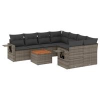 9-delige Loungeset met kussens poly rattan grijs - thumbnail