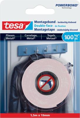Tesa Powerbond montagetape Tegels en Metaal, 19 mm x 1,5 m Tesa Powerbond montagetape Tegels en Metaal, 19 mm x 1,5 m