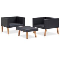 3-delige Loungeset met kussens poly rattan zwart - thumbnail