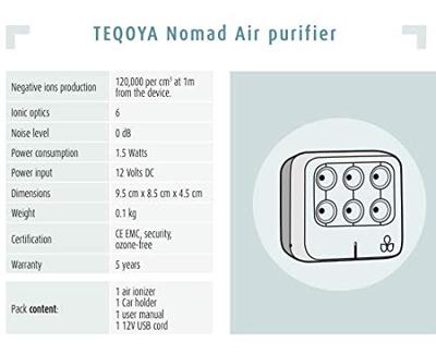 TEQOYA Nomad auto-luchtreiniger - Vergezelt u overal en zorgt voor schone lucht