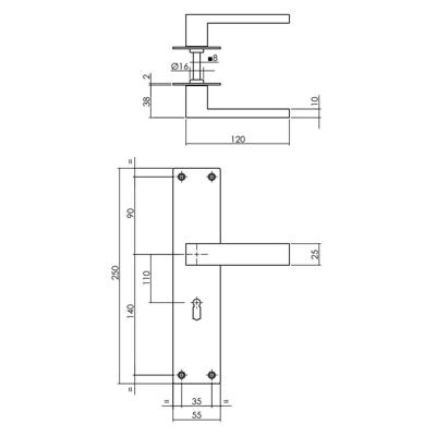 Deurkruk Amsterdam met schild 250x55x2mm sleutelgat 110mm rvs