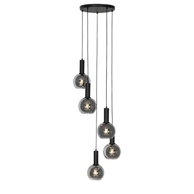 QAZQA Art Deco hanglamp zwart met smoke glas rond 5-lichts - Josje