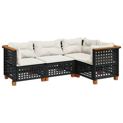 4-delige Loungeset met kussens poly rattan zwart