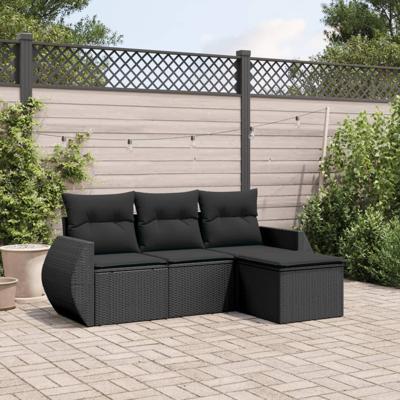 4-delige Loungeset met kussens poly rattan zwart