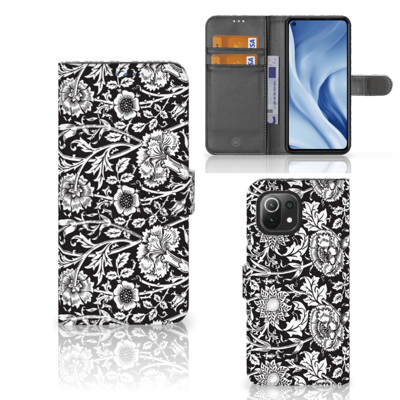 Xiaomi 11 Lite 5G NE | Mi 11 Lite Hoesje Black Flowers | Portemonnee hoesje Xiaomi 11 Lite 5G NE | Mi 11 Lite Hoesje Black Flowers | Portemonnee hoesje